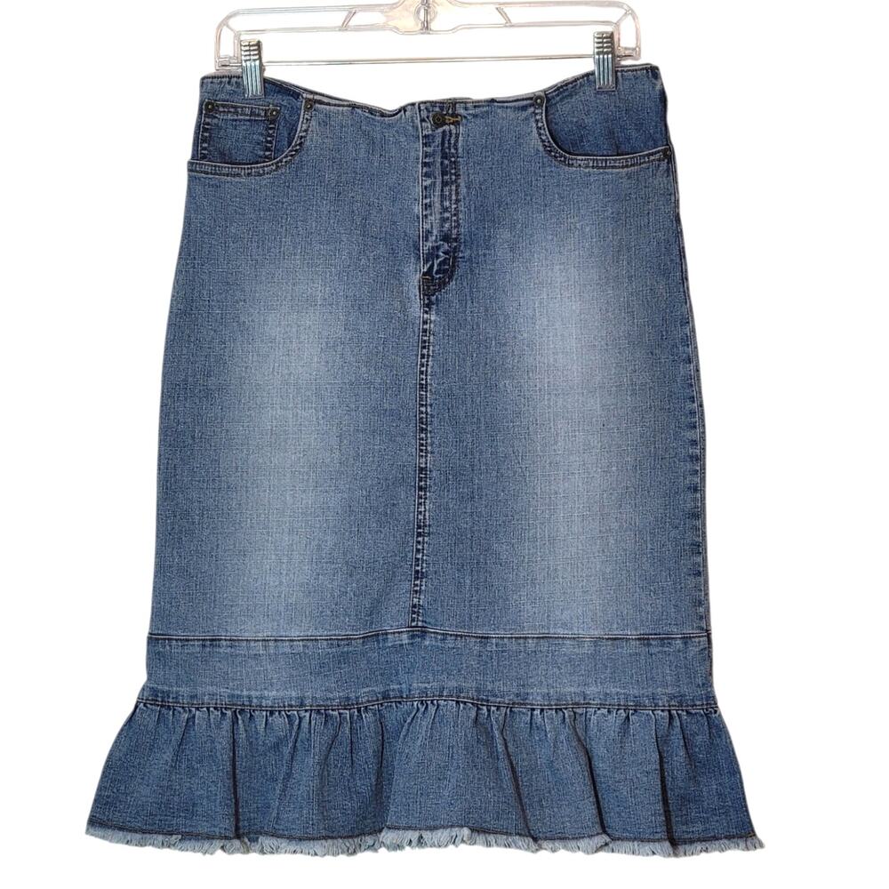 Vintage Y2K Authentic Denim Mini Skirt Raw Ruffle Hem Stretch Blue Junior M